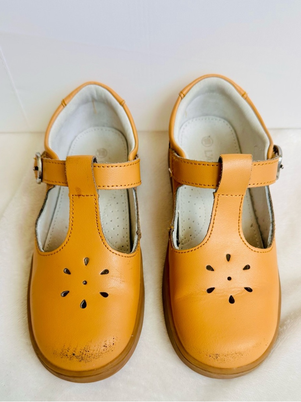L'Amour Girls LEATHER T-Strap Mary Janes - Mustard